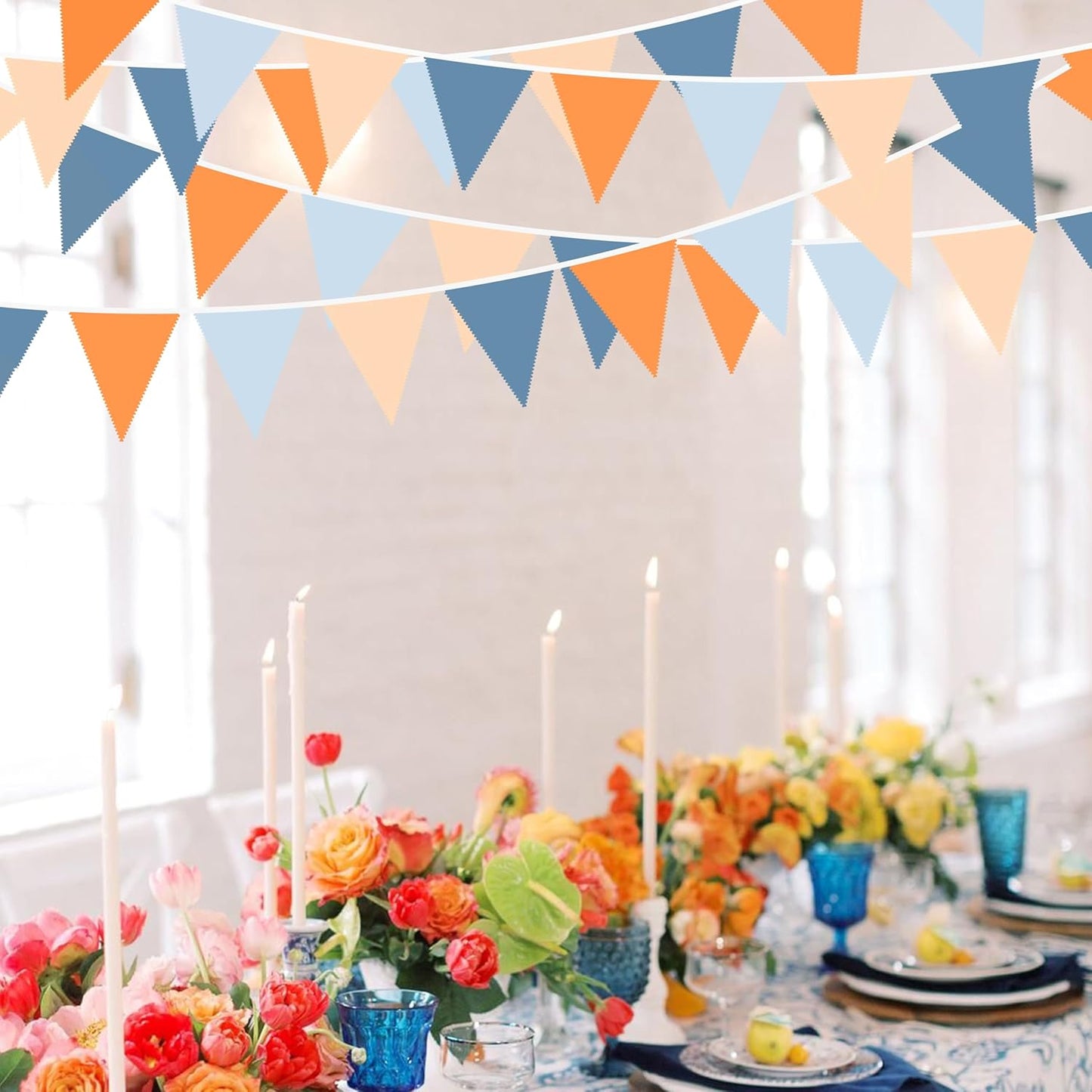 32Ft Orange Blue Party Decorations Dusty Blue Orange Pennant Banner Fabric Triangle Flag Garland Streamers for Dog Birthday Outer Space Baby Shower Home Nursery Outdoor Garden Decor Supplies