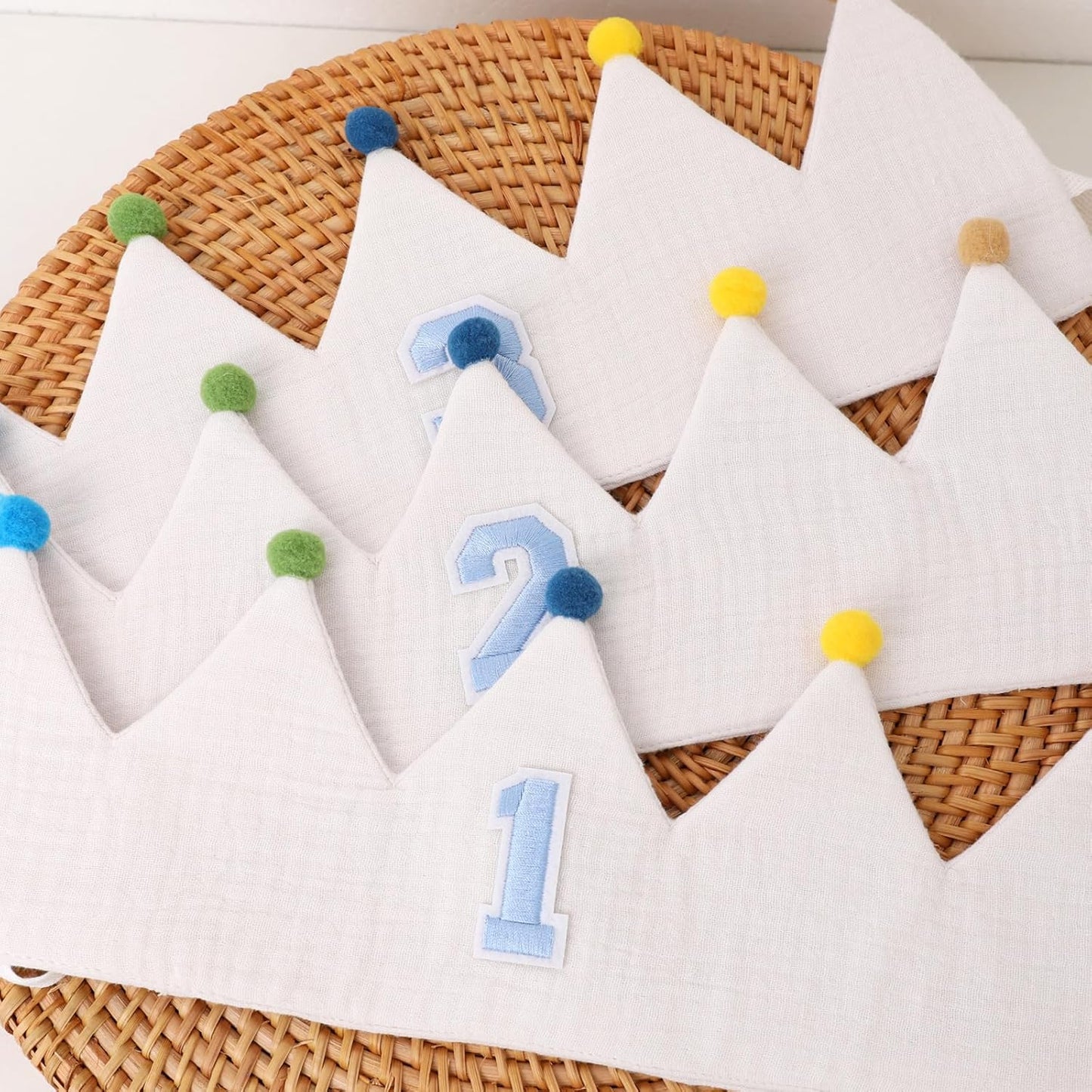 Muslin Crown Hat 1-3 Birthday For Baby Boy Girl Party Decoration Blue Pink Headband