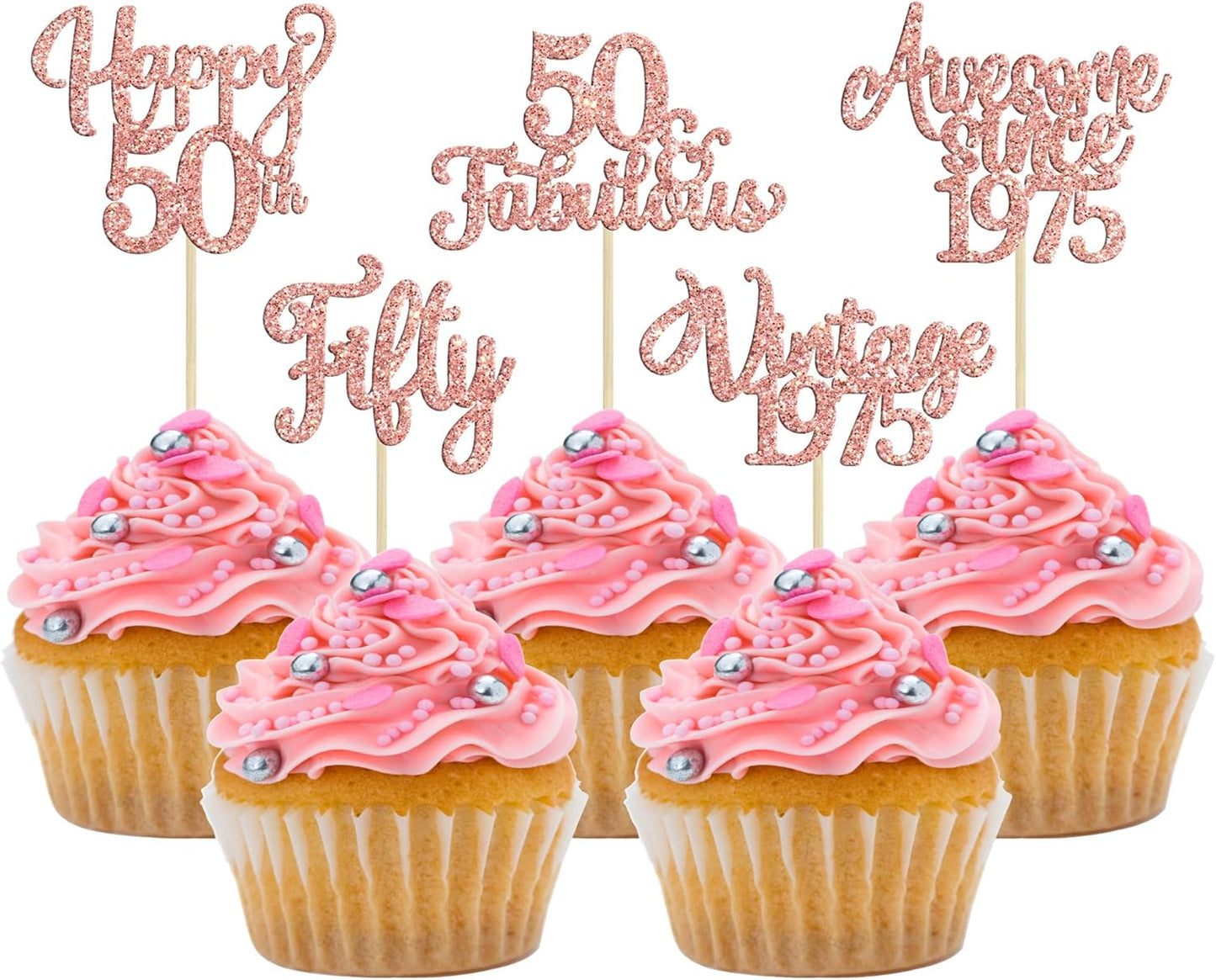 30Pcs Vintage 1975 Cupcake Toppers Glitter Fifty 50 Fabulous Happy 50th Birthday Cupcake Picks Cheers to 50 Years for 50th Birthday Anniversary Party Cake Decorations Supplies Rose Gold