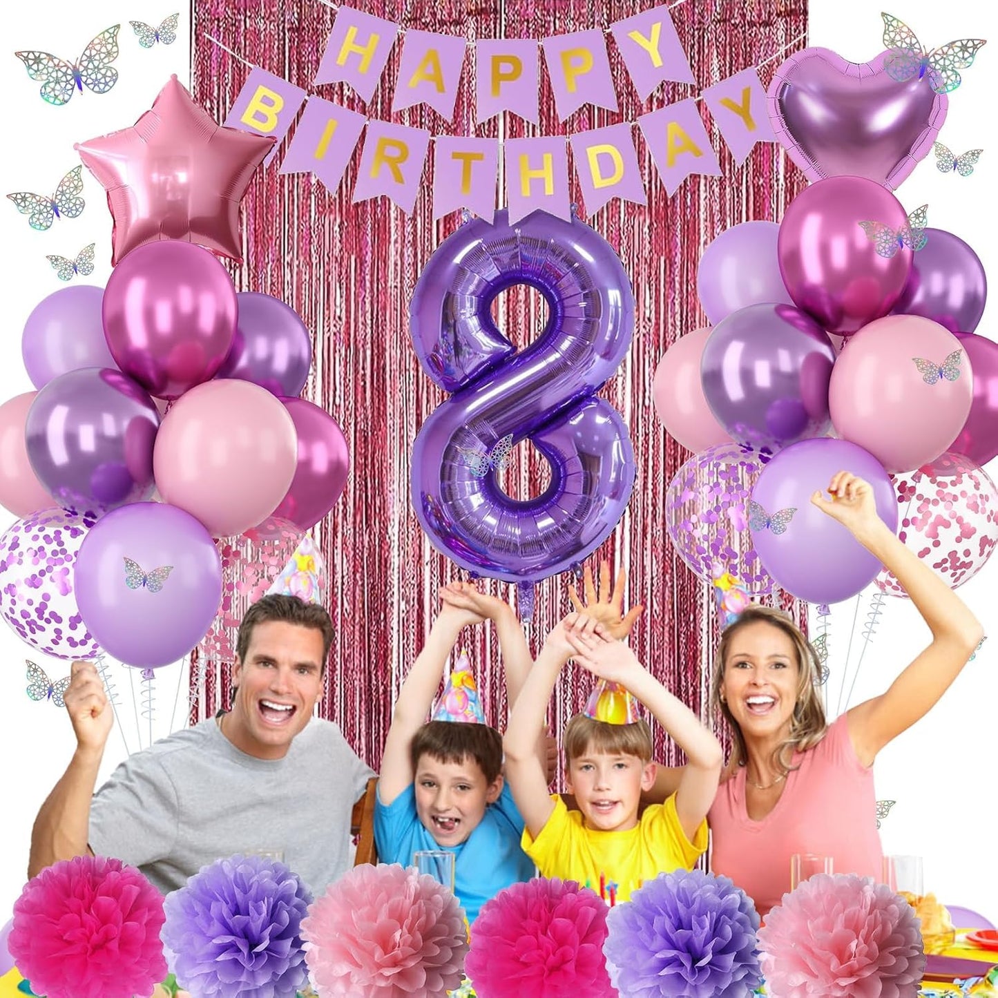 Pink Purple 8th Birthday Party Decorations for Girls Number 8 Balloon Happy Birthday Banner Butterfly Stickers Fringe Curtain Paper Pom Poms Metallic Hot Pink Star Foil Balloons 8 Year Old Princess
