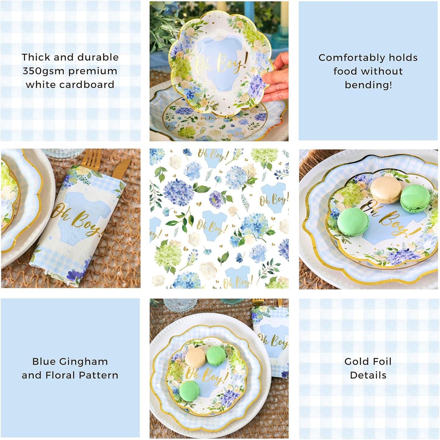 Kate Aspen Baby Shower Onesie Blue Floral & Gingham Tableware Set - 62pc. 16pcs 7 inch & 16pcs 9 inch Heavy Duty Disposable Party Plates, 30pcs 6.5 inch Durable Paper Napkins