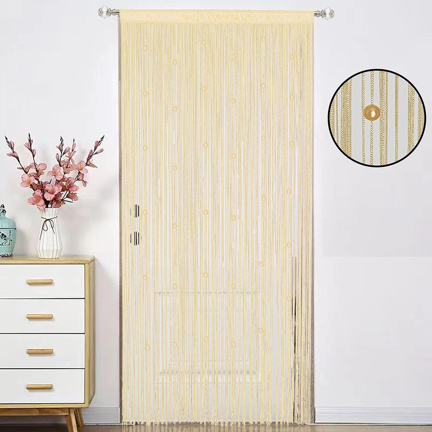 Beaded Doorway Curtain Door Beads Dense String Curtains Fringe Hippie Perfect for Wall Hanging Decor Room Divider Privacy Doors Window Closet Doorways Decorations (100x280cm,Champagne)