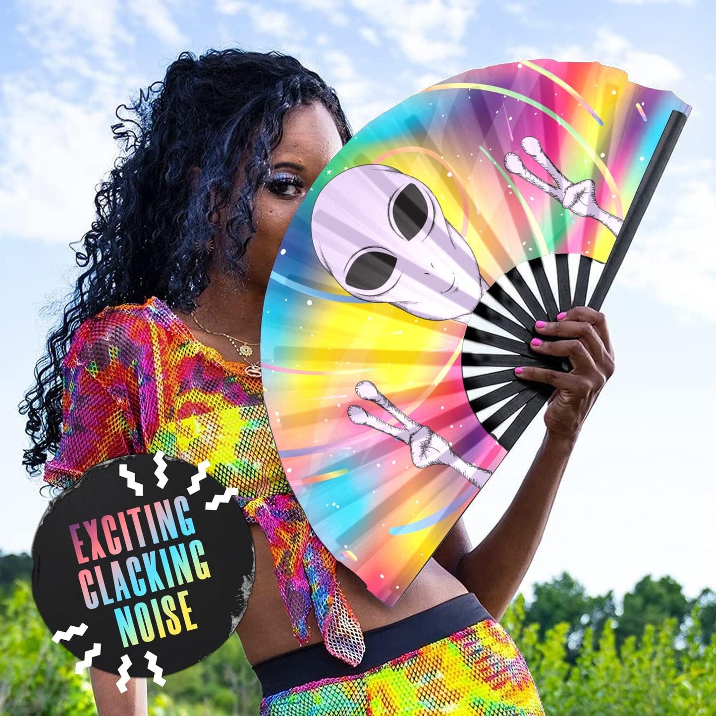 GloFX Rave Fan - Rainbow Alien - Large Folding Fan - Festival Gear for Music Festival Outfits, Rave Enthusiasts, and Cosmic Vibes