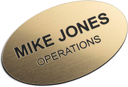Custom Engraved Name Tag Badges – Personalized Identification with Pin or Magnetic Backing, 2.8 Inch Oval, Radiant Gold/Black