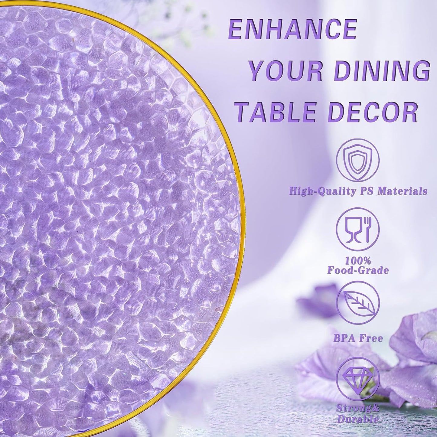 Rubtlamp 100Pcs Plastic Purple Dinner Plates, Heavy Duty 10 Inch Gold Disposable Plates, Hammered Purple Plates with Gold Rim, Fancy Plastic Plates for Weeding Parties