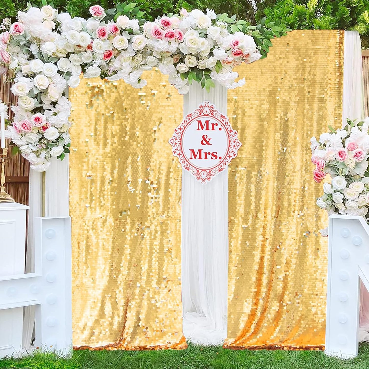 JYFLZQ Gold Payette Sequin Backdrop Curtains 8ft x 8ft 1 Panel Shimmer Wall Backdrop Big Sequin Background Thick Glitter Photo Booth Backdrops for Birthday Wedding Prom Parties