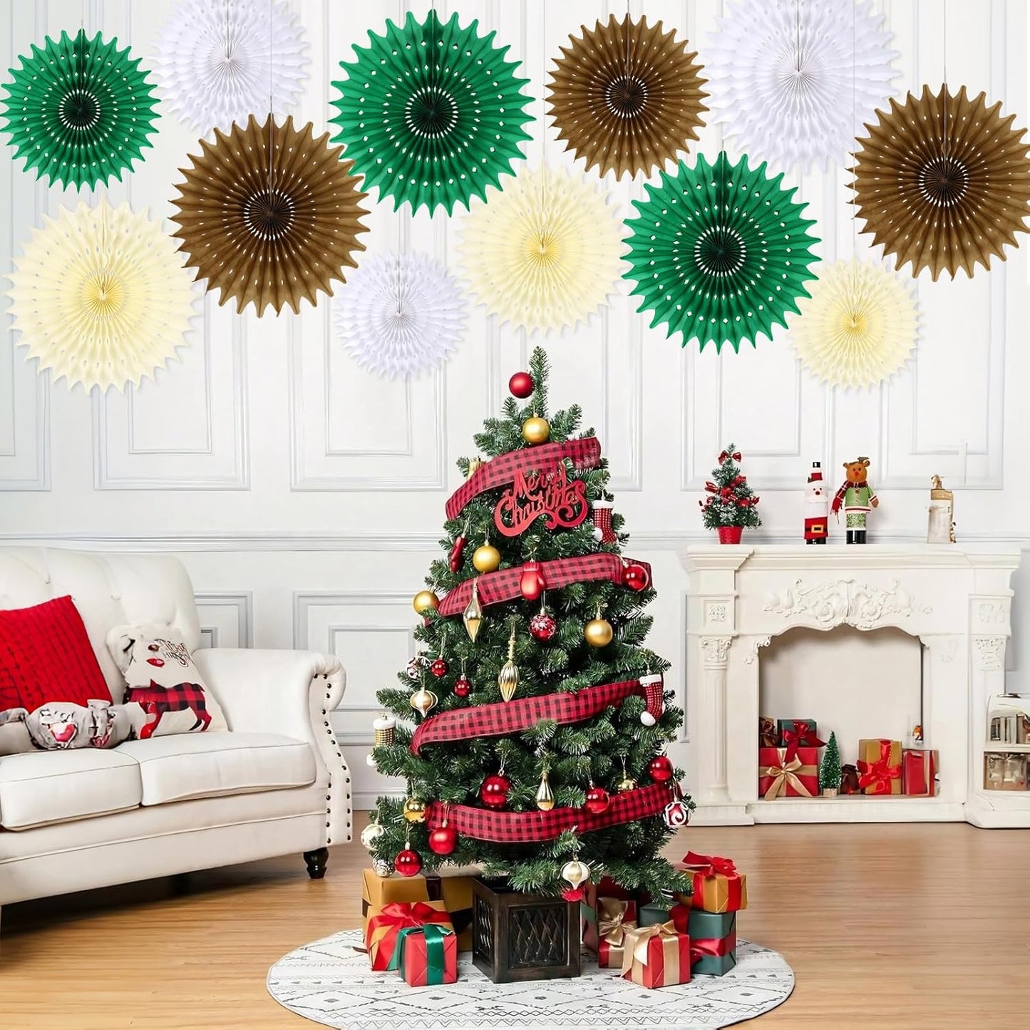BestoFun 12PCS Paper Fans Neutral Green White Christmas Decorations Winter Party Decorations Tissue Paper Flowers Decorations for Winter Holiday Party Xmas Home Room Wall Hanging Décor
