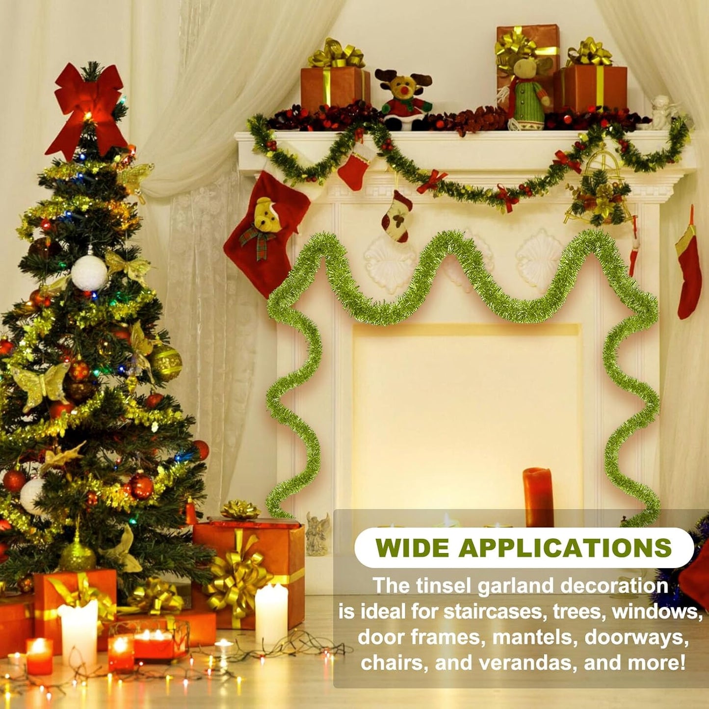 50 Feet Light Green Christmas Tinsel Garland, Metallic Foil Twist Banner Wall Hanging Tinsel Streamers Backdrop for Parade Floats, Christmas, Mother's Day, Birthday Party Decorations(2in x 50ft)