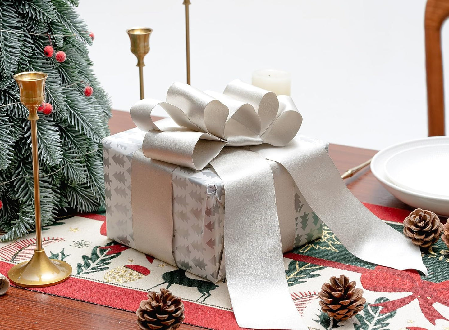 Champagne Satin Wired Ribbon 2-1/2 Inch Double-Faced Sliver Glitter Christmas Ribbons for Wreath, Tree Decoration, Gift Wrapping, Home Decor 10 Yards