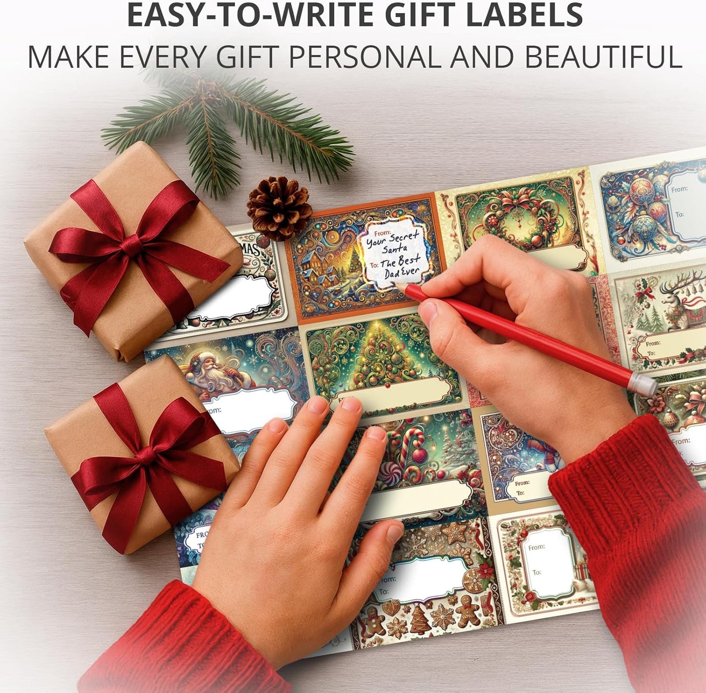 X-Protector Christmas Gift Tags 100 PCS - 2.4x1.7 in Christmas Wrapping Paper Name Tags - 5 Sheets of Self-Adhesive Xmas Present Labels Stickers - Peel and Stick Gift Wrap Tags!