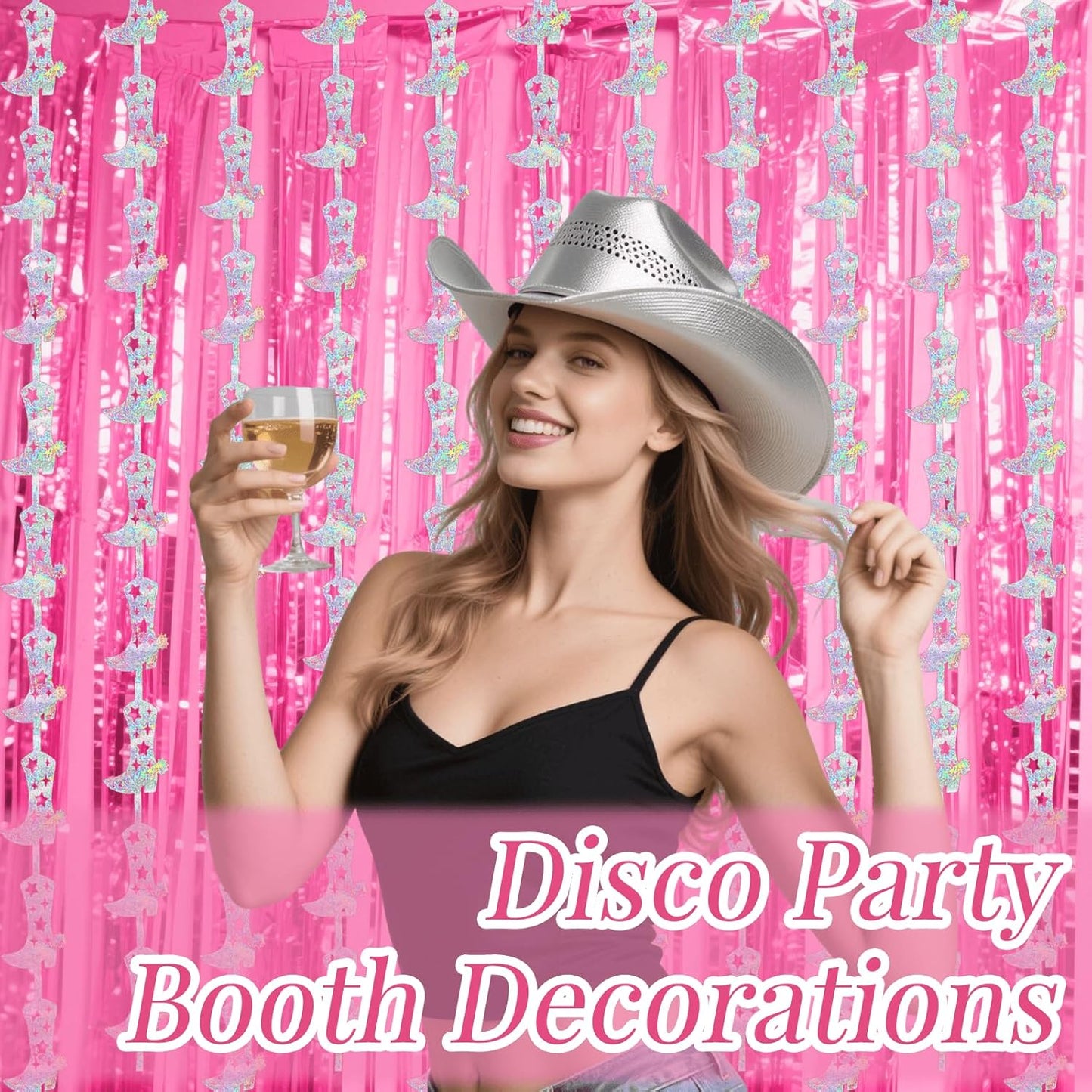 4 Pcs Cowgirl Party Decorations - 2 Boot Silver Metallic Tinsel Fringe Curtains & 2 Candy Pink Backdrops for Birthday Supplies Last Rodeo Bachelorette Wedding Disco Decor