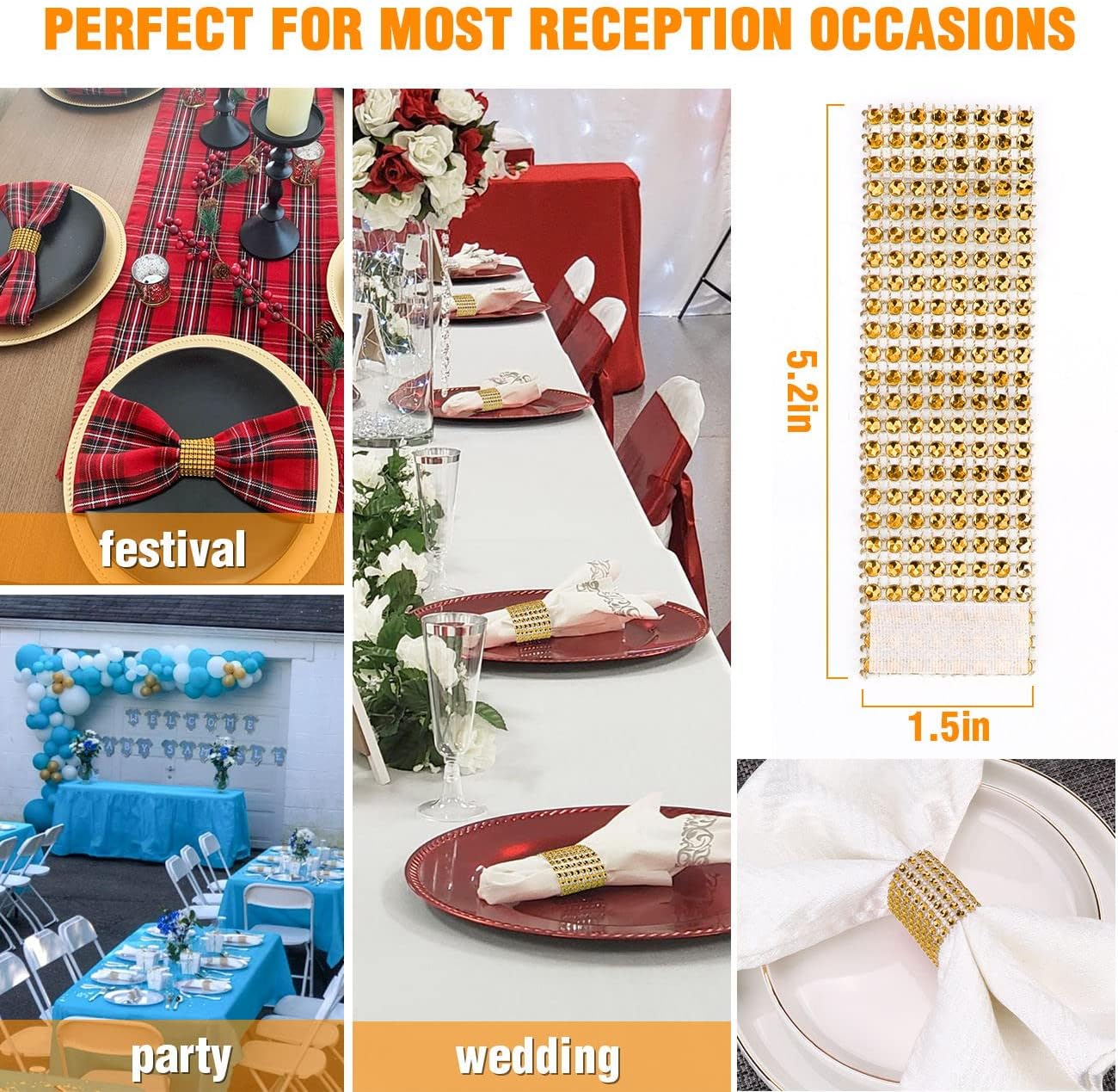 Bling Napkin Rings Set of 150, Rhinestone Gold Napkin Rings Diamond Adornment Napkin Holder Bulk for Wedding, Dinner, Party, Table Decorations, Gold