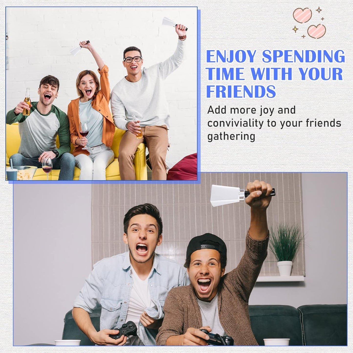 Pelopy 12 Pcs Large Cow Bell 9 '' Cowbell with Handle Cowbells for Sporting Events Hand Percussion Cheering Bell Chimes for Football Game, Alarm Loud Noise Makers, Musical Instrument(White)