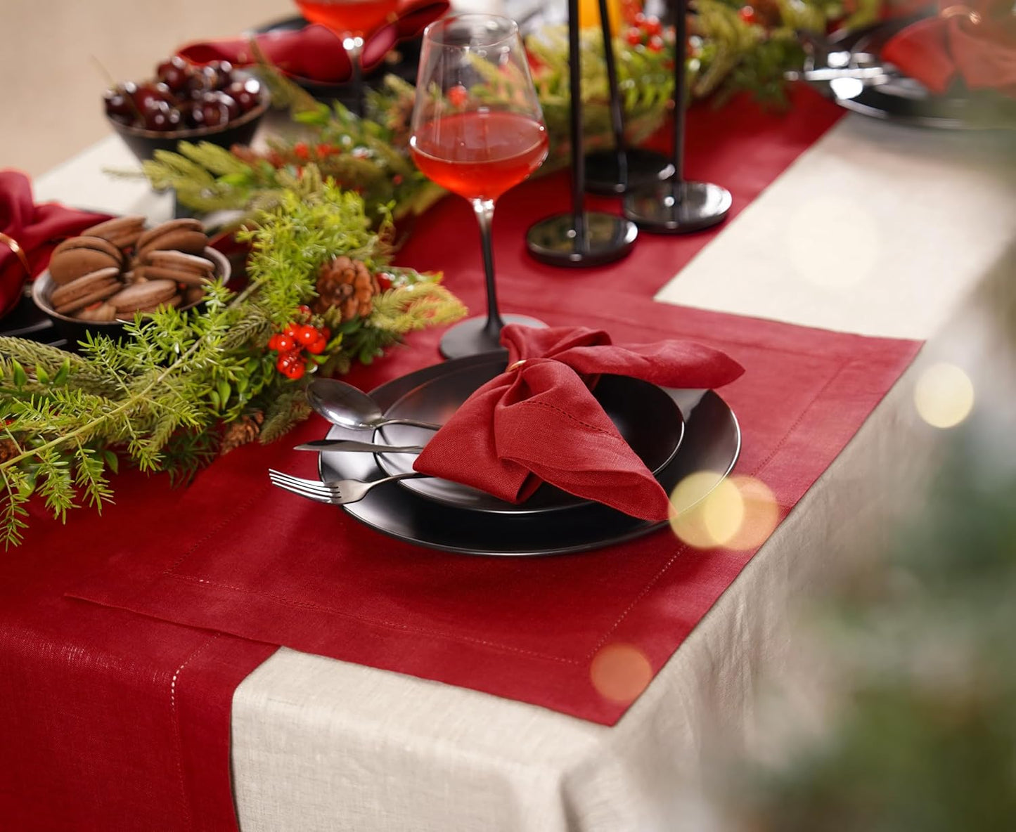 Linen Table Runner 14 x 120 Inch Long - 100% Pure Linen Christmas Red Table Runner - Cloth Fabric Hemstitch Runner for Thanksgiving, Christmas, Winter, New Year - Elara