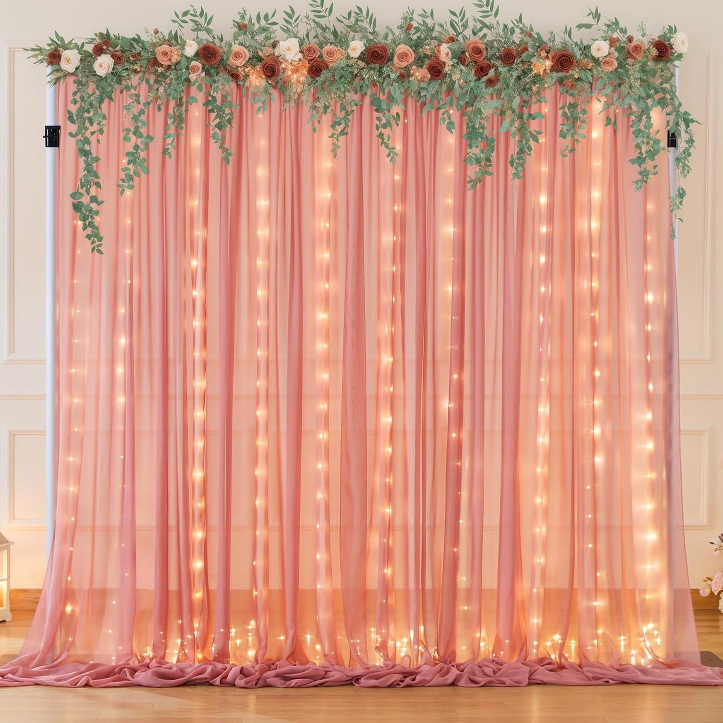 10ft x 7ft Dusty Rose Chiffon Backdrop Curtain with Lights String for Parites Wedding Wrinkle Free Curtain Photo Backdrops Drapes for Baby Shower Birthday Party Home Decorations
