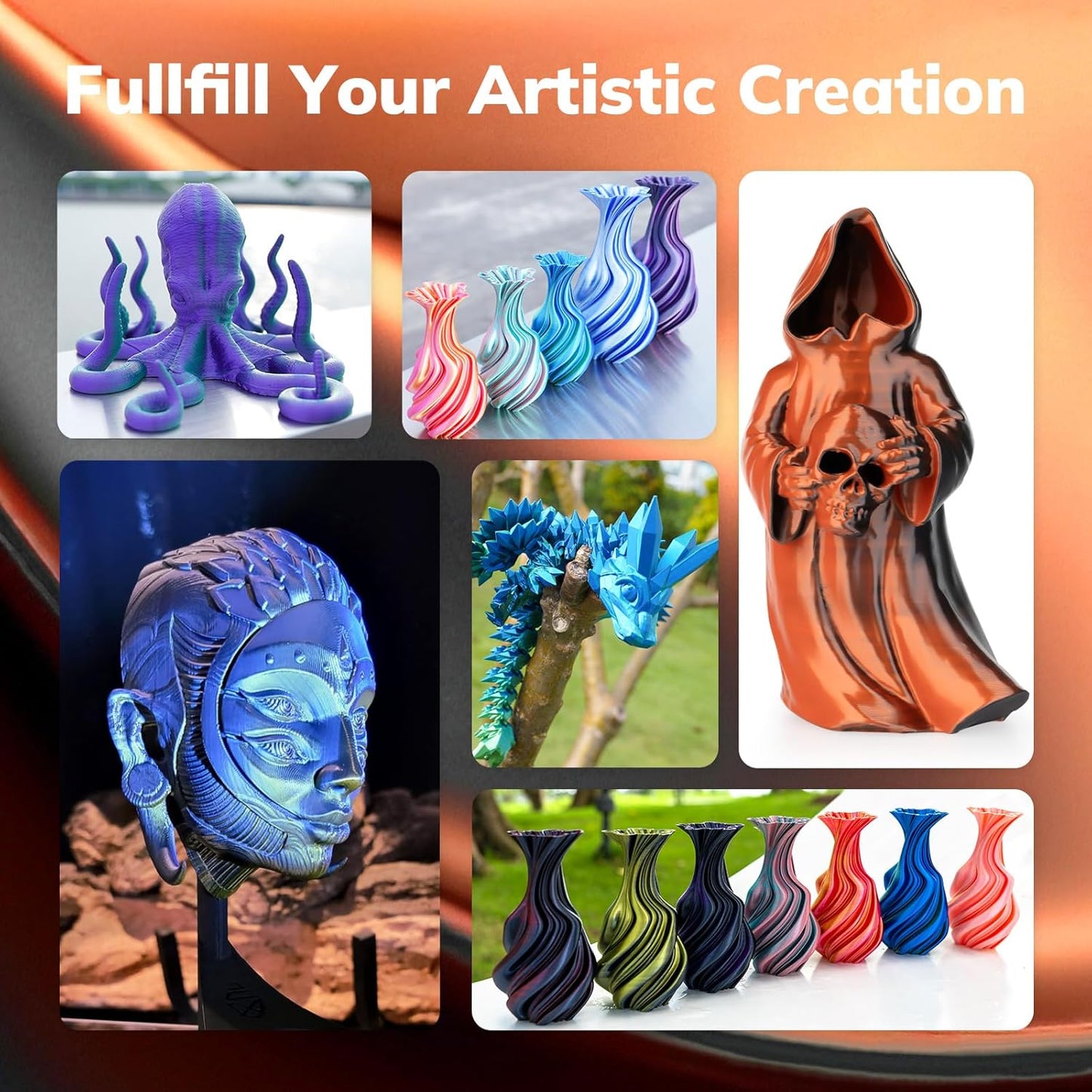 AMOLEN Silk PLA 3D Printer Filament, Dual Color Black Orange PLA 1.75mm, Shiny Color Change Filament 3D Printing PLA Filament for Most FDM 3D Printer, 1kg Spool(2.2lbs)