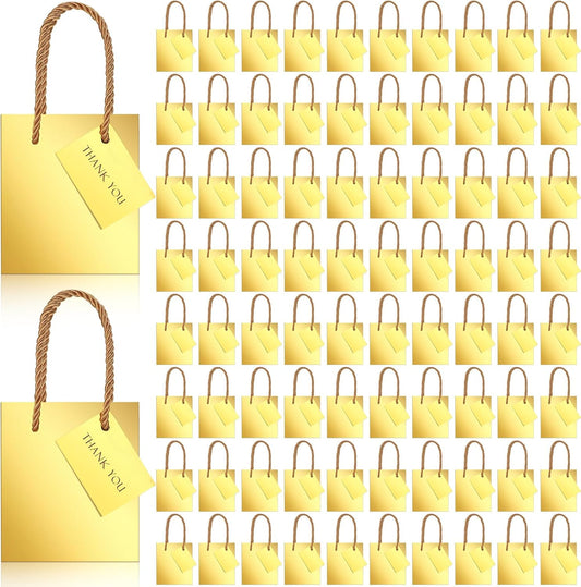 Sherr 100 Pack Mini Gift Bags Bulk, 4 x 2.75 x 4.5 Inches Paper Bags with Tags, Extra Small Paper Gift Boxes with Handles for Birthday, Party Favors, Weddings, Small Business(Gold)