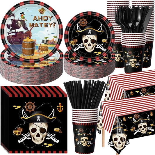 452 Pcs Pirate Party Supplies Decorations for 50 Guests, Pirate Treasure Theme Paper Plates Napkins Cups Tablecloth Cutlery Straws for Adult Halloween Birthday Party Decorations