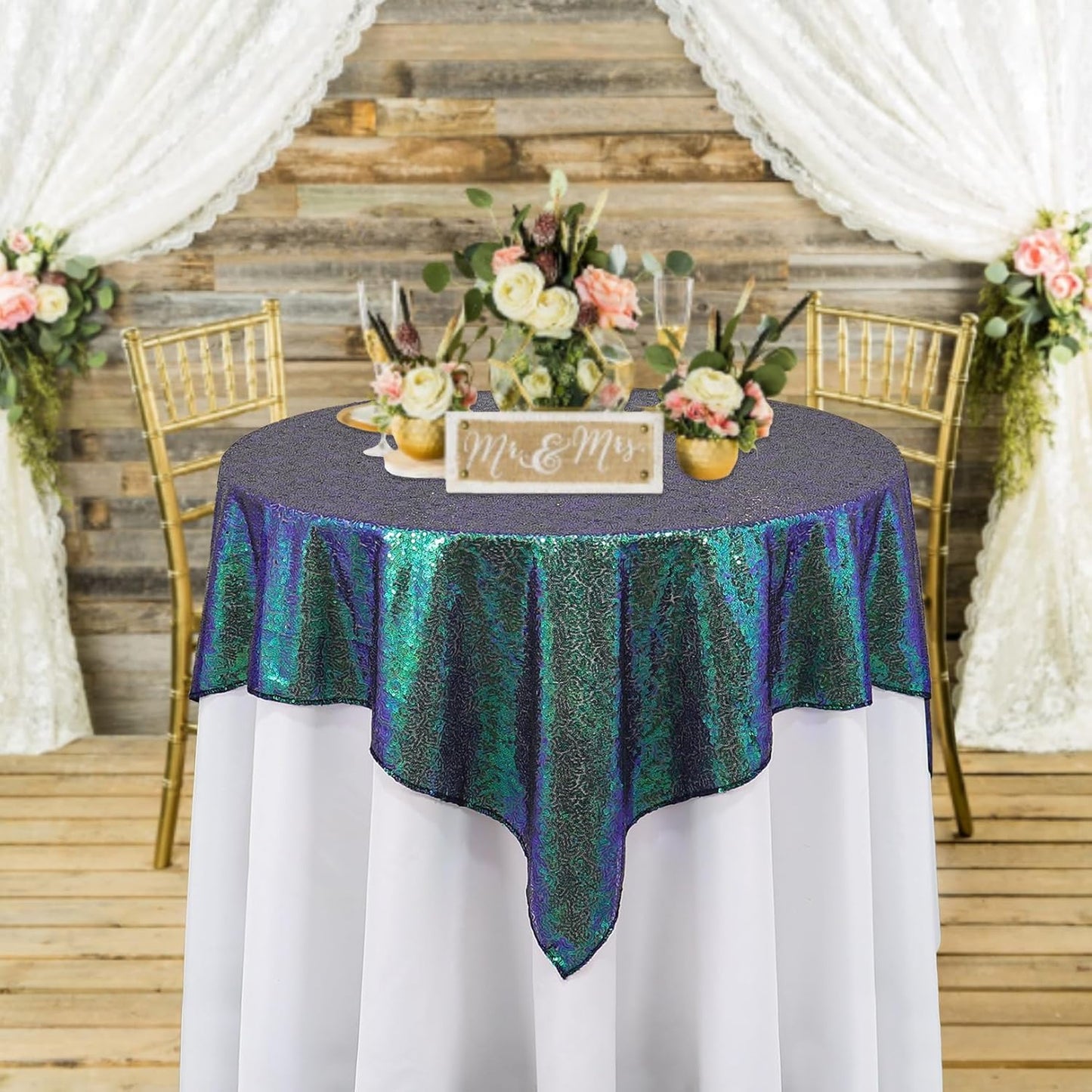 ShinyBeauty Iridescent Green Sequin Tablecloth 54x54” - Square Glitter Overlay for Birthday, Baby Shower, Wedding, Party & Event Decor - Elegant & Sparkly Table Cover