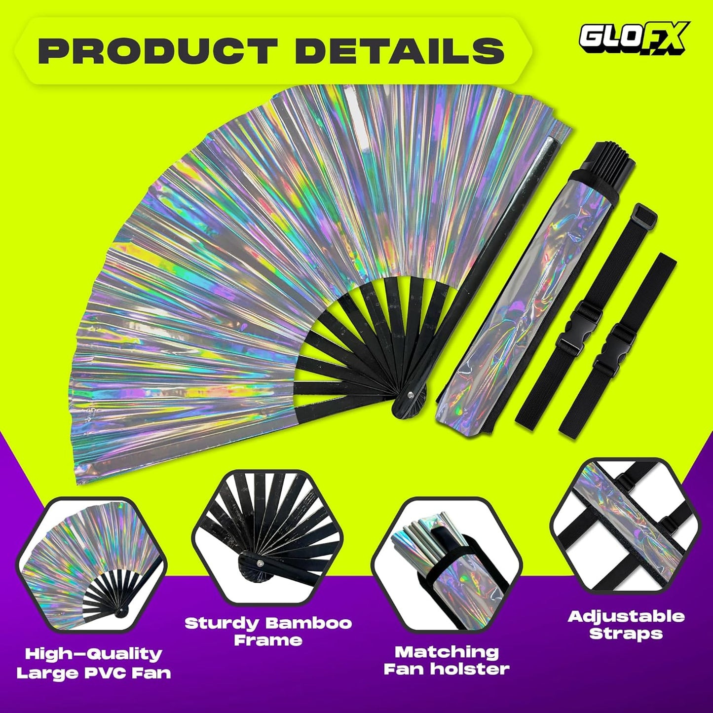 Holographic Folding Fan with Holster – Large Handheld Fan for Line Dancing, Festivals, Pride, and Costumes – Loud Bamboo Fan with Matching Belt Holster