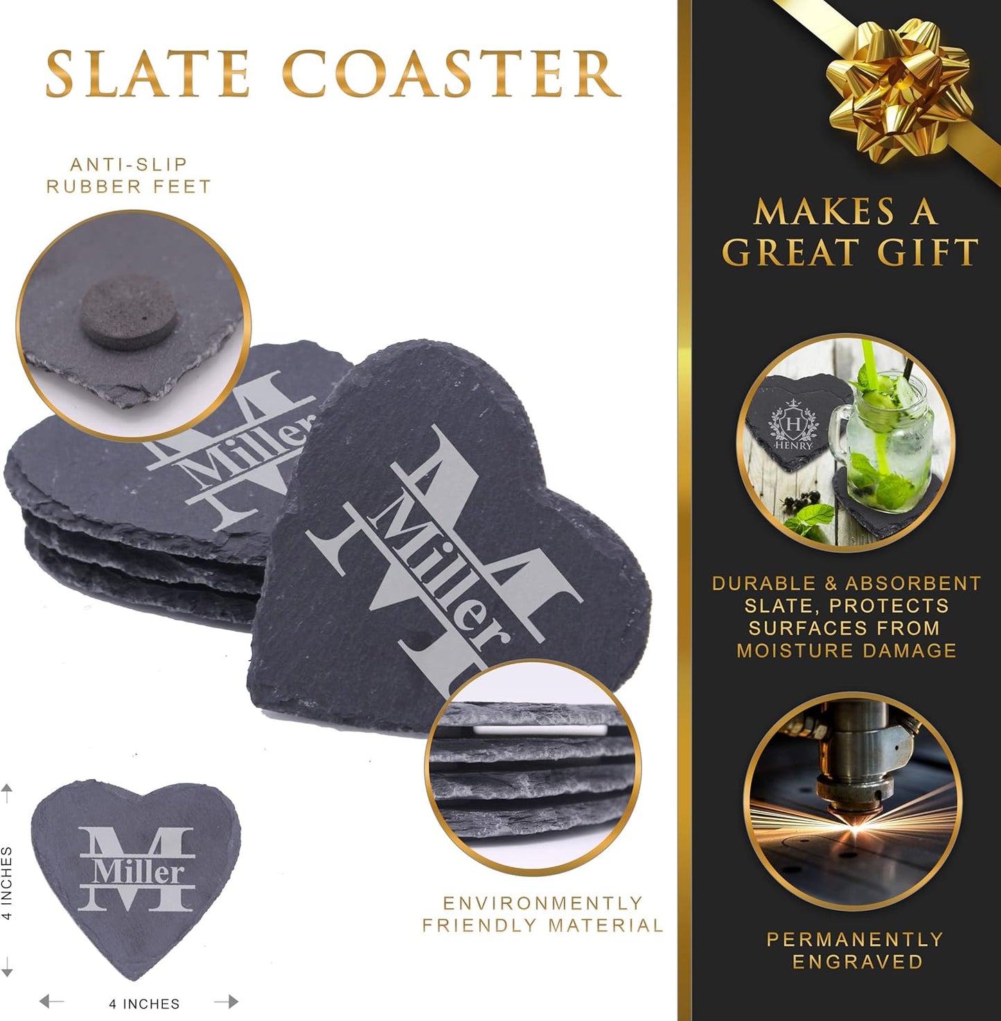 My Personal Memories Custom Engraved Slate Stone Drink Coasters Set of 4 - Monogrammed and Personalized (Heart)