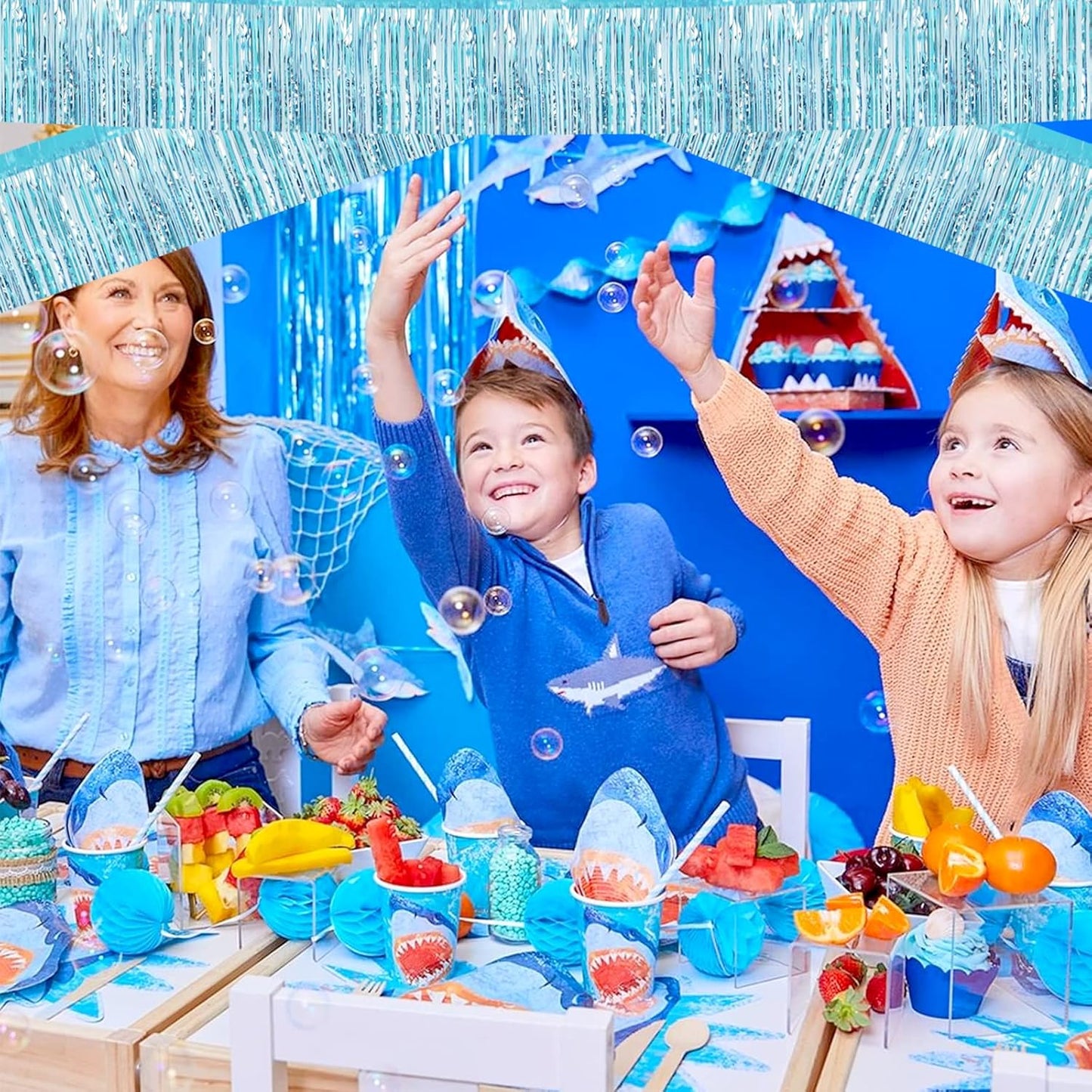 6 Pack 10 Feet Foil Fringe Garland Metallic Tinsel Streamers Banner Wall Hanging Curtain Backdrop Banner for Parade Floats, Thanksgiving, Christmas, Birthday, Halloween Party Decorations(Light Blue)