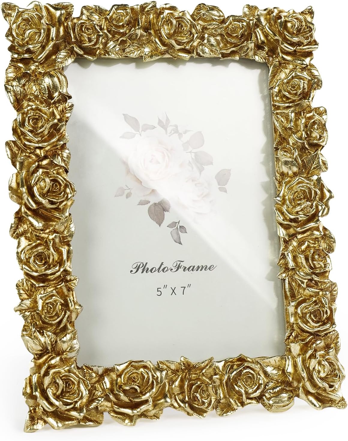 Cuspin Vintage Gold 5x7 Picture Frame, Gold Ornate Rose Flower Resin Photo Frame with Glass Front for Tabletop, Antique Picture Frames Photo Gallery for Home Office Decor