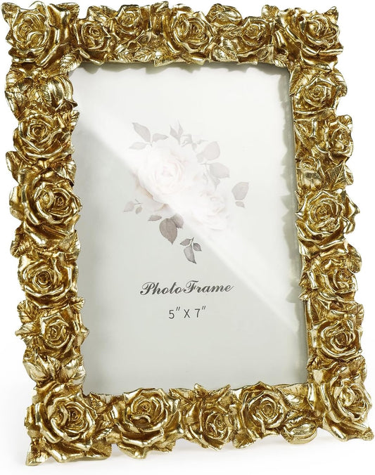 Cuspin Vintage Gold 5x7 Picture Frame, Gold Ornate Rose Flower Resin Photo Frame with Glass Front for Tabletop, Antique Picture Frames Photo Gallery for Home Office Decor