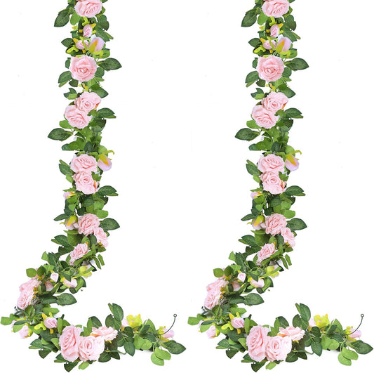 Sggvecsy 2Pcs 15.5Ft Artificial Rose Vine Fake Flower Garland Floral Garland Faux Silk Hanging Vine Rose Ivy Vines for Wedding Arch Party Wall Garden Ceremony Background Outdoor Decor (Pink)