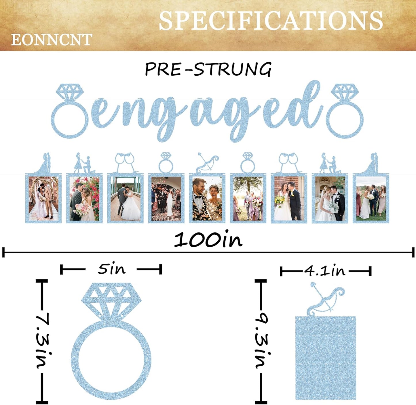 Pre-Strung Engaged Photo Banner - Light Blue Glitter Engagement Party Decoration Supplies with Romantic Memories Picture Card Frames for Bachelorette, Bridal Shower, Wedding Party Photo Booth Props