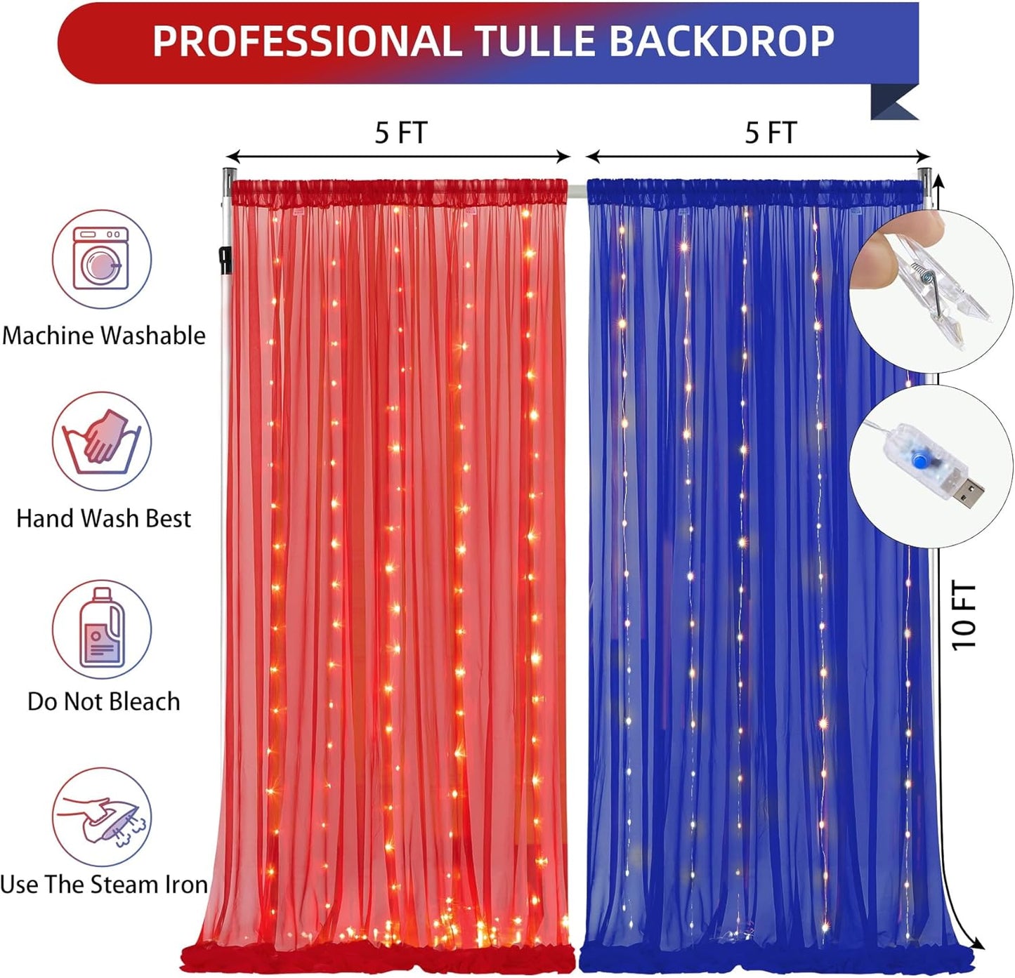 10×10ft Royal Blue Red Tulle Backdrop Curtain with Lights String for Parties, Sheer Photo Backdrop Curtains for Wedding Party Photography Background