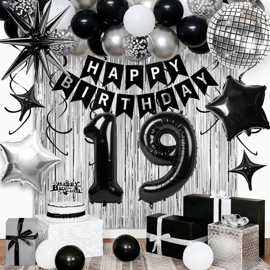 19th Birthday Decorations for Boys Men, Black Silver Happy Birthday Party Decorations， 19 Year Old Party Supplies with Number 19 Balloons, Banner, Fringe Curtains Kit