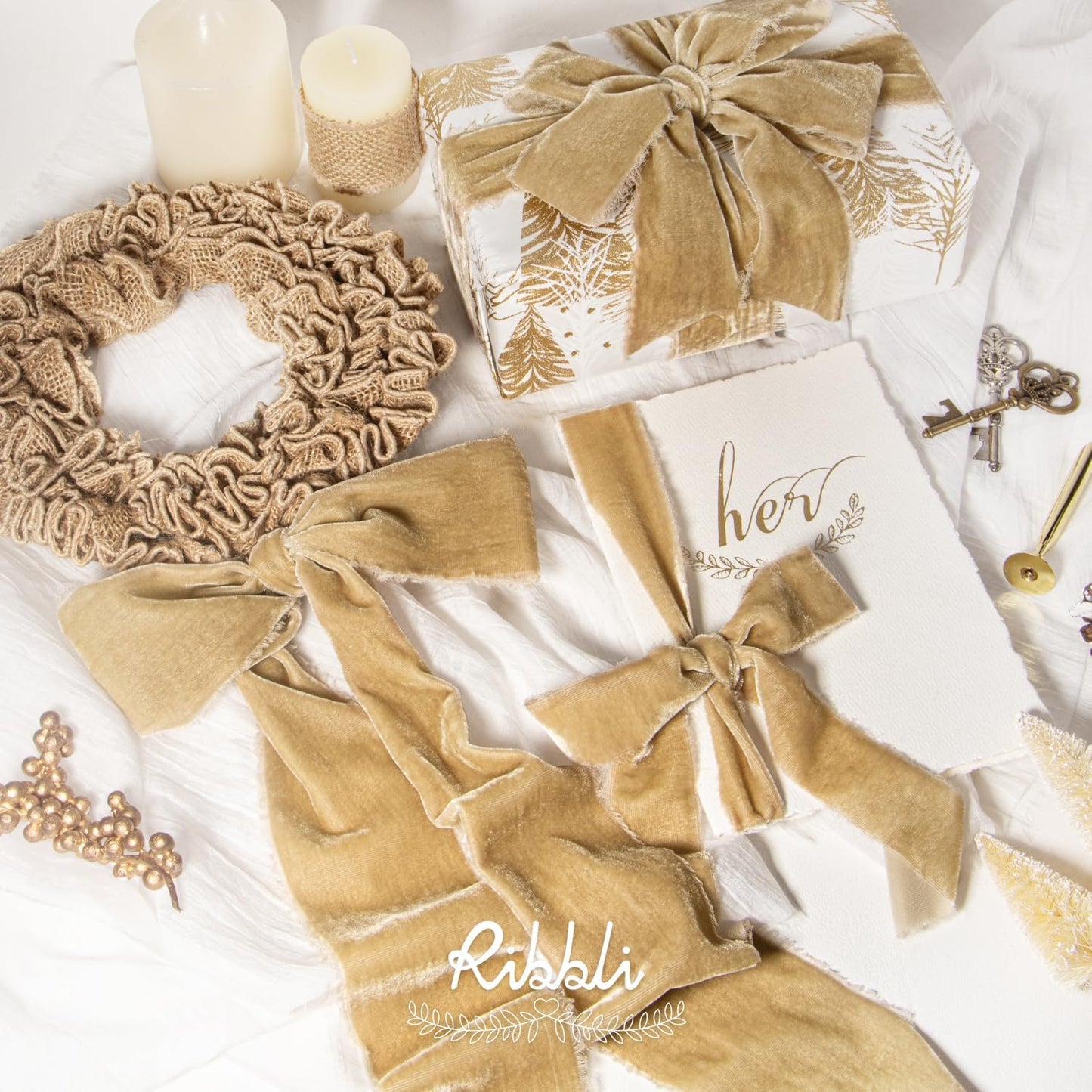 Ribbli Light Champagne Velvet Ribbon 1.5 Inch Handmade Frayed Christmas Ribbon for Gift Wrapping Christmas Tree Ornament Wreath Craft Home Decor -Total 3 Yards with Wooden Spool