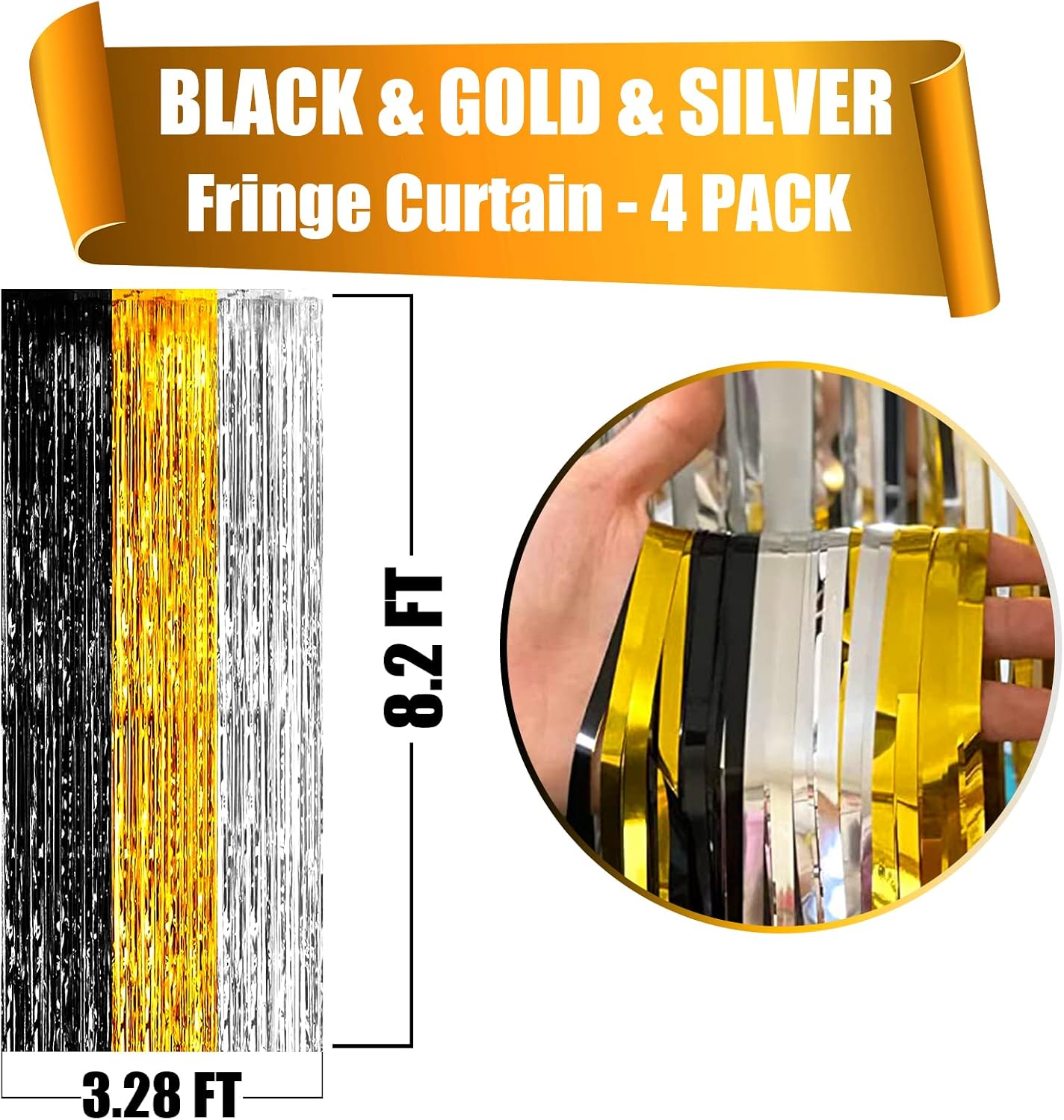 4 Pack Black Gold Silver Foil Fringe Curtain Backdrop, 3.28Ft x 8.2Ft Metallic Tinsel Foil Fringe Streamers for Photo Booth, Wedding, Notorious One Birthday Roaring 20s Graduation Party Decoration