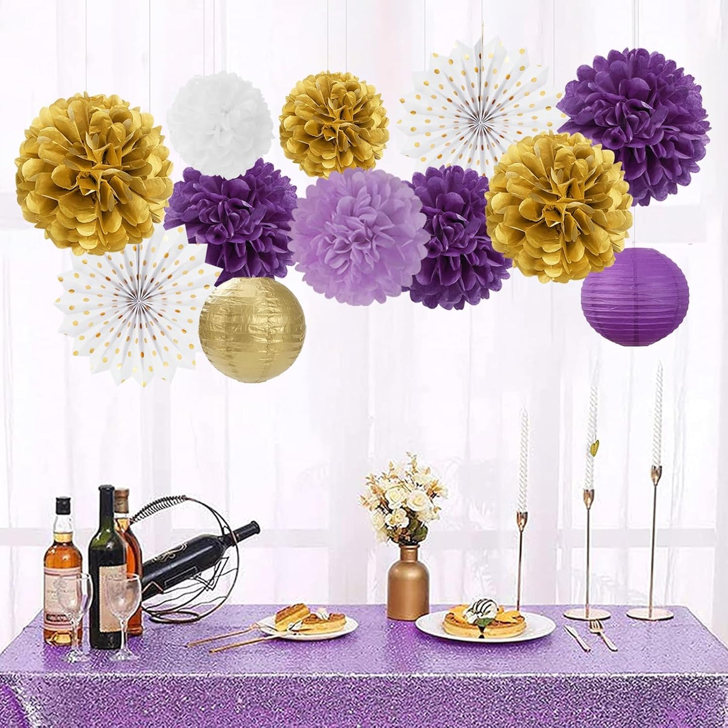 Purple-Lavender White Gold Party Decorations - 20pcs Graduation Birthday Paper Lanterns Fans,Tissue Pom Poms,Honeycomb Balls,Baby Shower Bridal Wedding Bachelorette Valentines Day Decor Burgleda