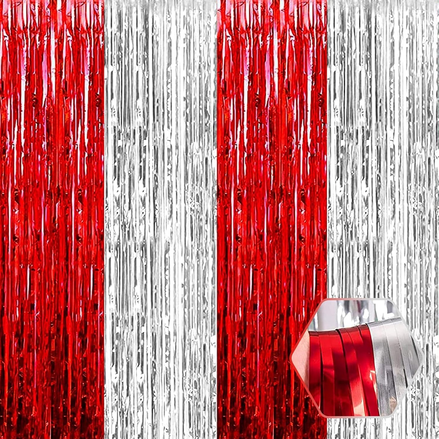 3 Pack Red Silver Foil Fringe Curtain Backdrop, 3.28Ft x 8.2Ft Metallic Tinsel Foil Fringe Streamer Curtains for Photo Booth, Teachers' Day, Halloween, Birthday, Wedding Party Decorations