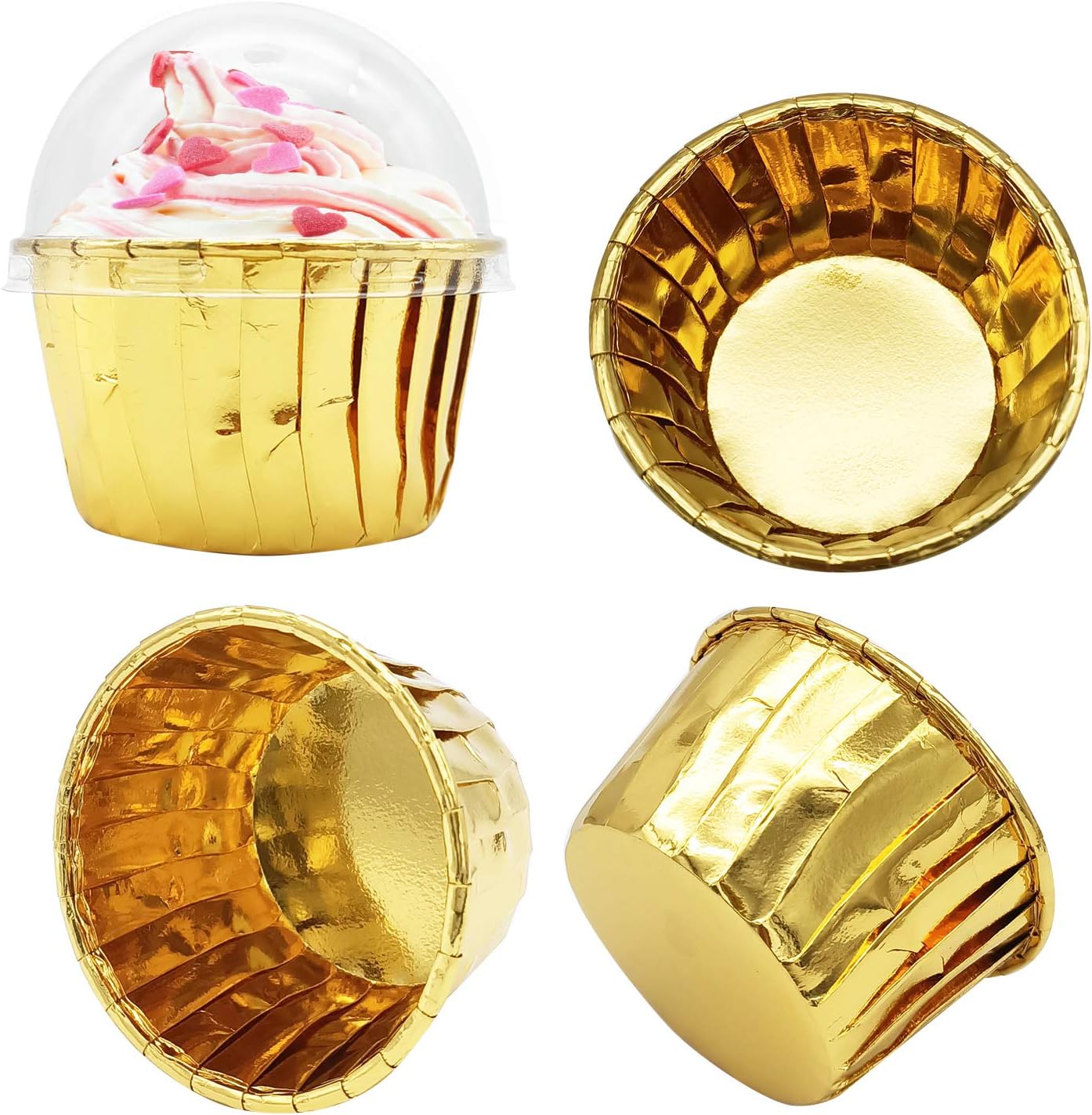 Gold Cupcake Liners with Lids 100Pack,Free-Air 3.5Oz Mini Muffin Liners Cupcake Wrappers,Foil Cupcake Baking Cups,Disposable Ramekins Muffin Tins for Wedding Birthday Party, with Spoons-Gold