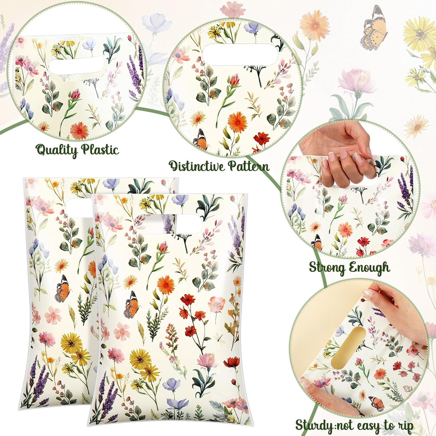 100 Pcs Wildfloral Gift Bags Vintage Wildflower Party Favor Bag with Handle Wildfloral Plastic Goodie Candy Treat Gift Wrapping for Summer Baby Shower Birthday Wedding Party Supplies (White)