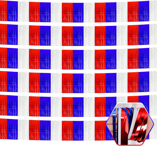 6 Pack 10 Feet White Blue Red Foil Fringe Garland Metallic Tinsel Streamers Banner Wall Hanging Curtain Backdrop for Parade Floats, Birthday, Graduate, Mother's Day, Wedding Party Decoration