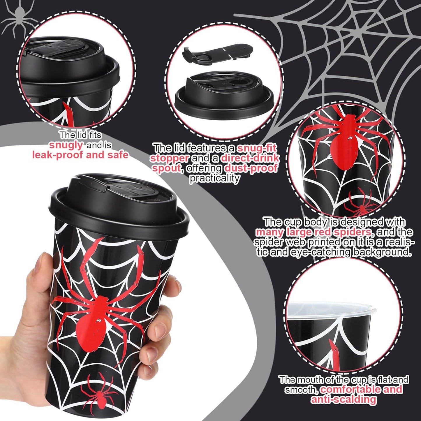 Yungyan 36 Sets Spider Party Favors Goodie Cups with Lids and Straws for Halloween Party Decorations Reusable 16oz Plastic Candy Cups Plastic Straws for Birthday Gift (Spider)
