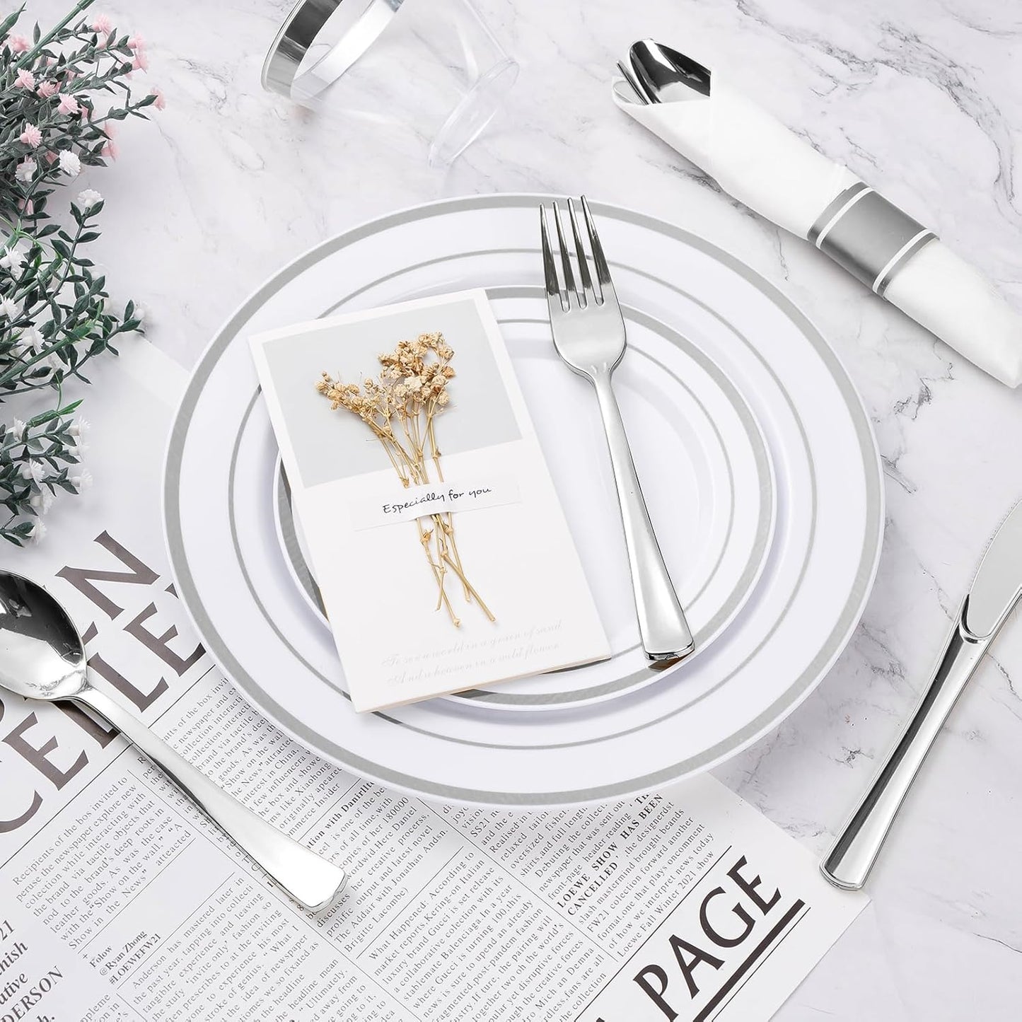 BESTVIP 350PCS Silver Plastic Dinnerware Set, Disposable Party Plates for 50 Guests, Include: 100 Plastic Plates, 50 Pre Rolled Napkins with Silver Silverware, 50 Cups