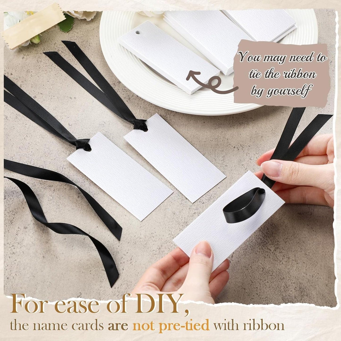50 Pcs Name Place Cards for Table Setting Blank Wedding Place Cards with Satin Ribbon 1.57 x 3.54 Inch Hanging Gift Tags for Wedding Dinner Banquet Party Table Setting Supplies (Black)