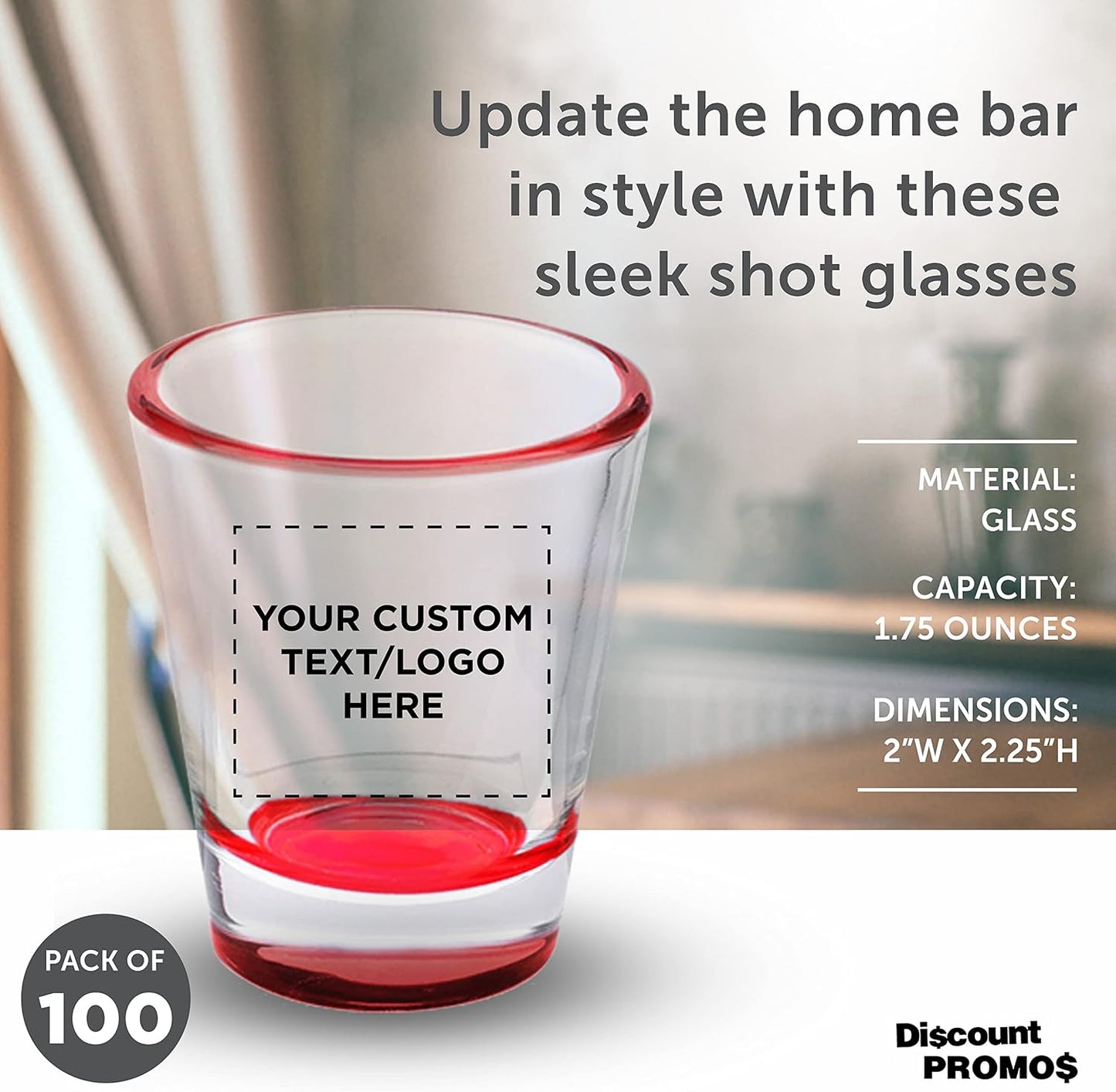 Custom Shot Glasses 1.75 oz. Set of 100, Personalized Bulk Pack - Great for Wedding Favors, Bachelorette Party Decorations, Party Fovors, Color Bottom - Red