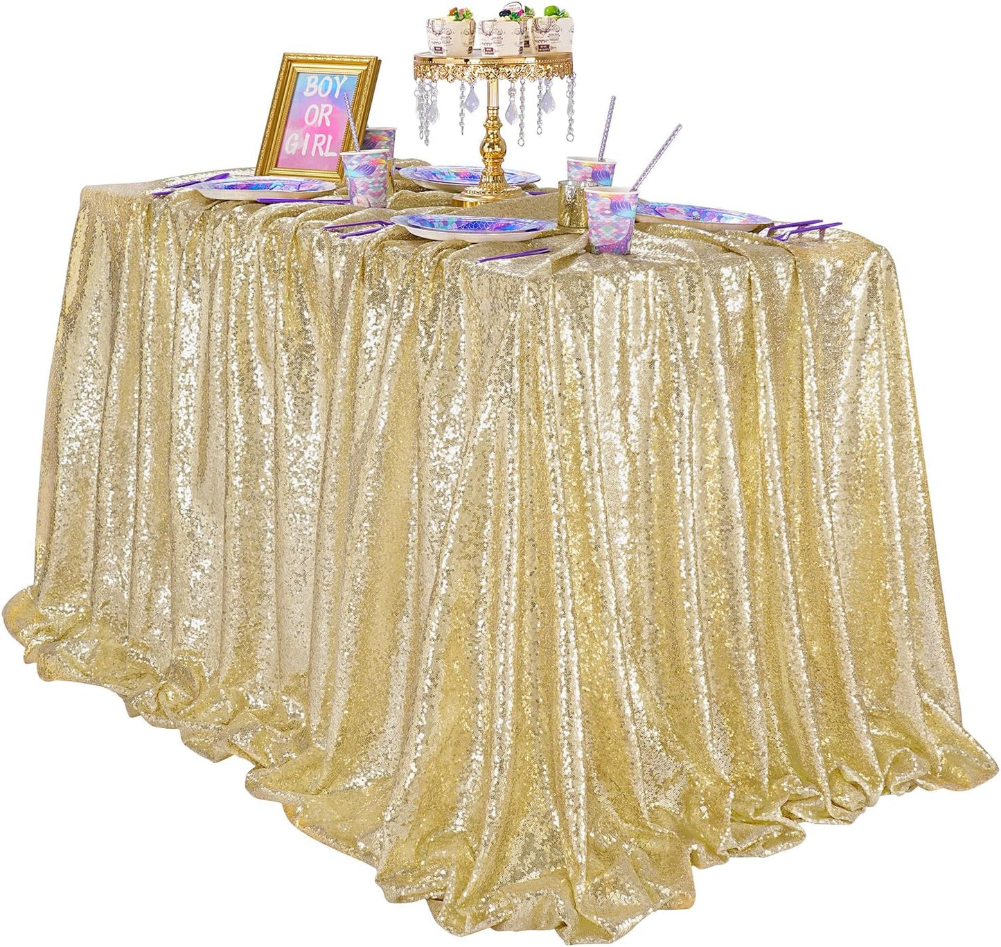 QueenDream Light Gold Sequin Decorative Party Tablecloth: Large Shimmer Dessert Table Overlay 90x132 Inch Dinner Table Drapes Cocktail Xmas Decor