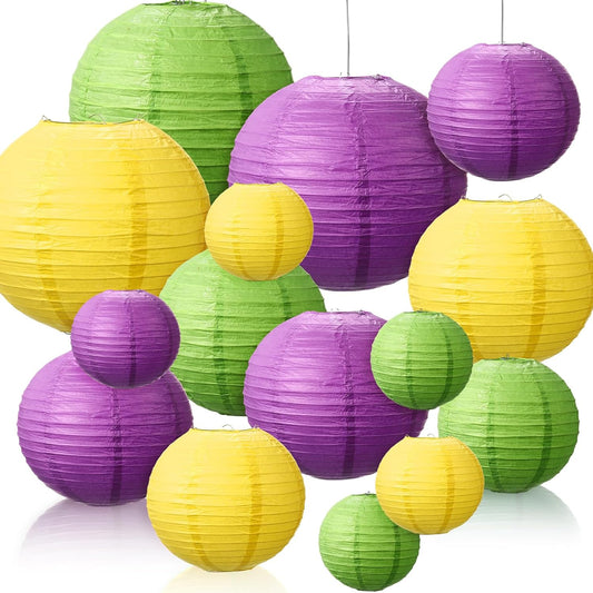 Riakrum 16 Pcs Yellow Green Purple Paper Lanterns Birthday Party Decorations Mixed Size 6'' 8'' 10'' 12'' Colorful Chinese Hanging Paper Lanterns for Wedding Home Decorations Supplies