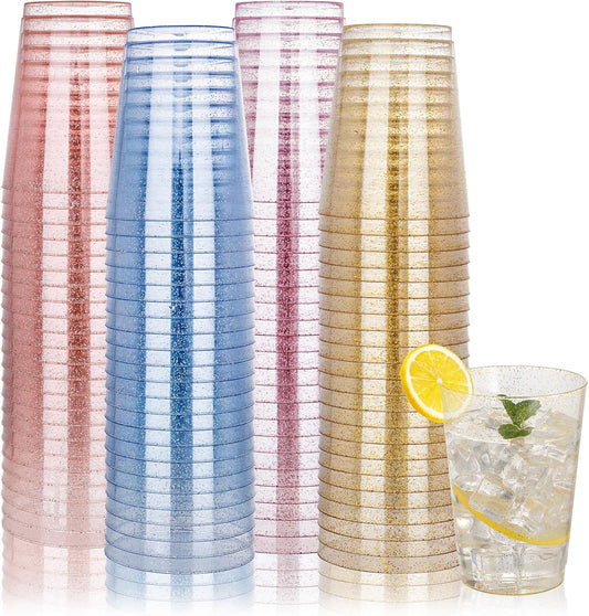 DaYammi 100 Pack 10 Oz Plastic Cups Glitter Disposable Cups in Assorted Colors,Plastic cup with 4 Colors, Disposable Wine Glasses Heavy Duty disposable Tumblers Drinking Cocktail Glasses for Party