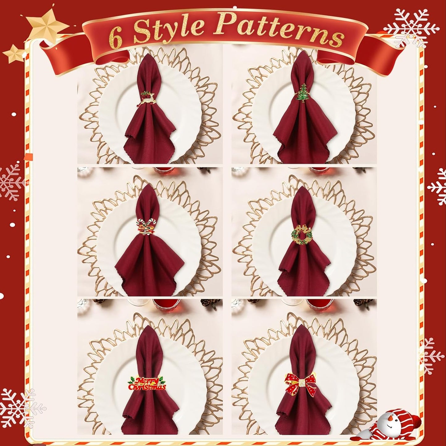 KPOSIYA 12PCS Christmas Napkin Rings Set of 6 and 6pcs Red Napkins Cloth, Metal Xmas Napkin Ring Holders for Winter Christmas Holiday Dinner Party Table Decoration
