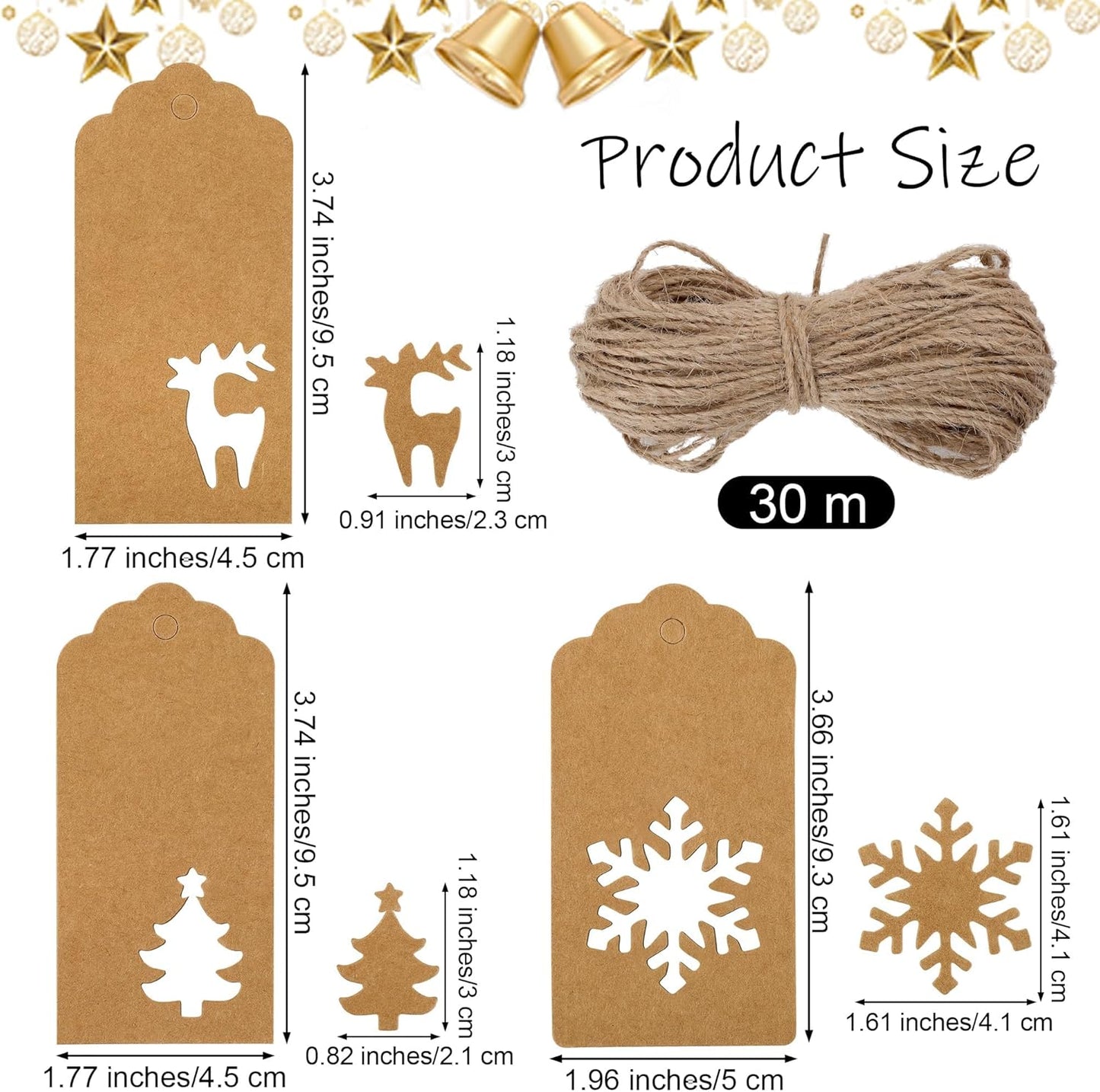 Aneco 150 Pieces Christmas Paper Gift Tags Brown Kraft Tags Hang Labels Christmas Tree Snowflake Reindeer Design with 30 Meters Jute Twine for Christmas DIY Wrapping Favor Holiday Present