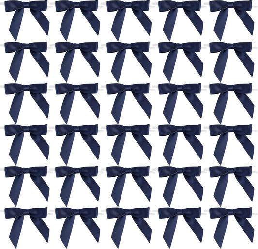AIMUDI Navy Blue Satin Ribbon Twist Tie Bows 2.5" Pretied Bows Premade Craft Bows for Treat Bags Cake Pop Gift Wrapping Basket Wedding Favors Cookie Candy Bagging Baby Shower - 50 Counts