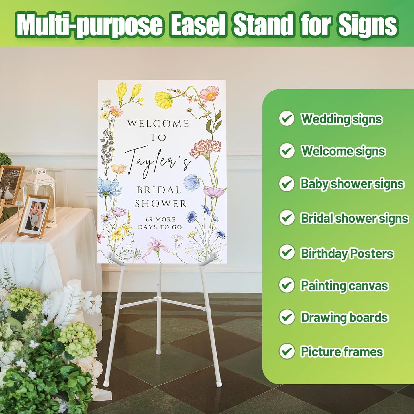 3 Pack White Easel Stand for Sign - 63" Adjustable Folding Floor Easels for Wedding Sign, Welcome Sign, Poster, Picture, Painting - Lightweight Portable Display Easels with Bags, Holds 5 lbs